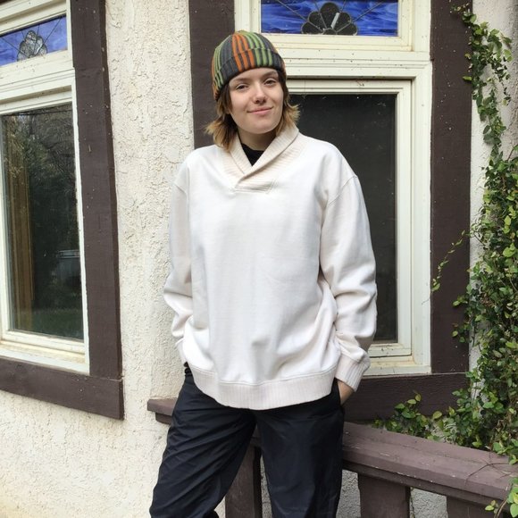 Club room Mens sweatshirt crew neck XL off white shawl knit collar elbow patch - Picture 12 of 12